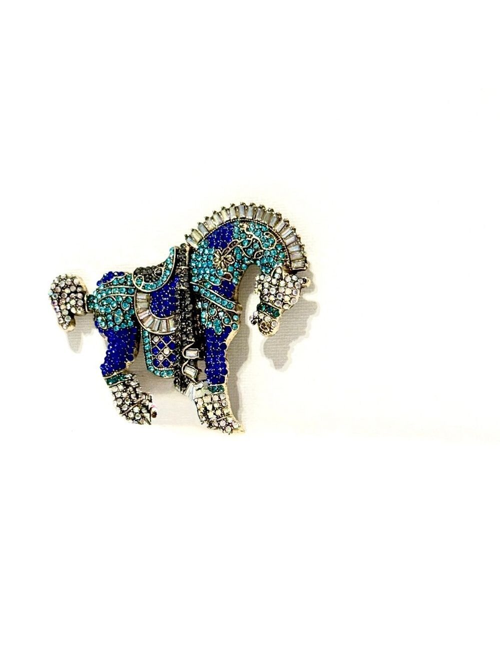 Oversized Sparkling Blue Fashion Crystalized Horse Statement Silver Brooch | NWT